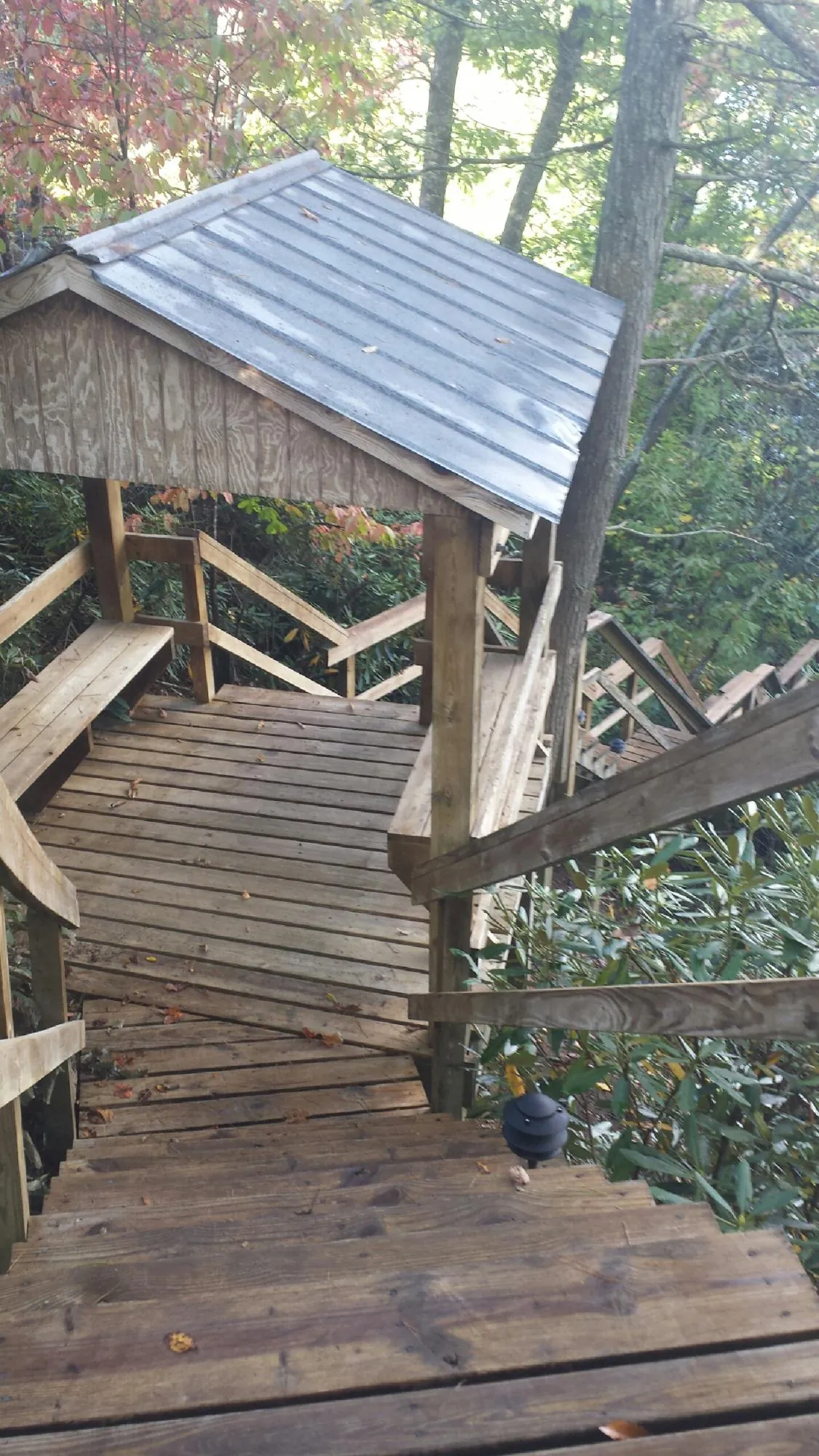 Metal roofed shelter over wooden steps on a wooded walkway — Skylight Repair & Installation work by our crew in Brooksville
